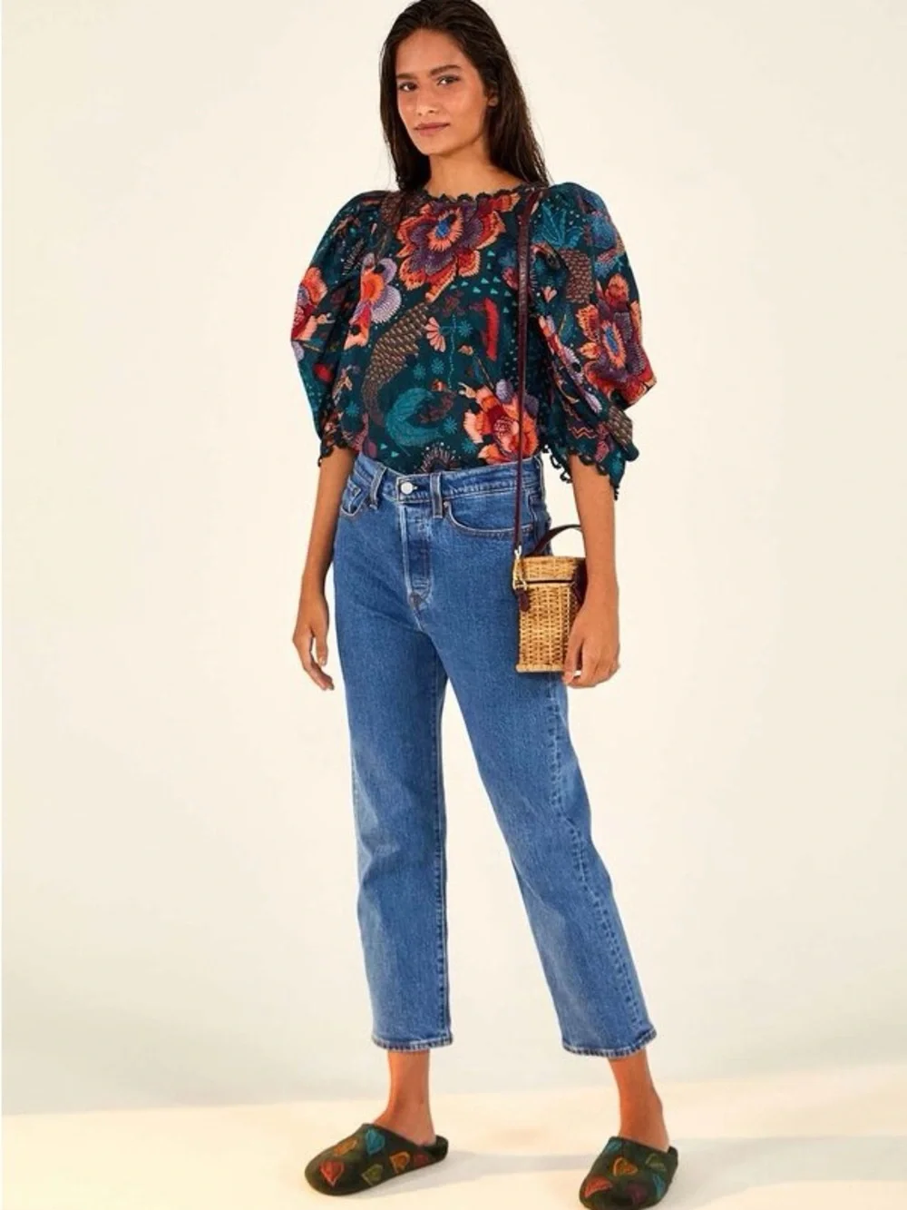 Farm Rio NWT Teal River Creatures Puff Sleeve Blouse Floral Embroidered Size S